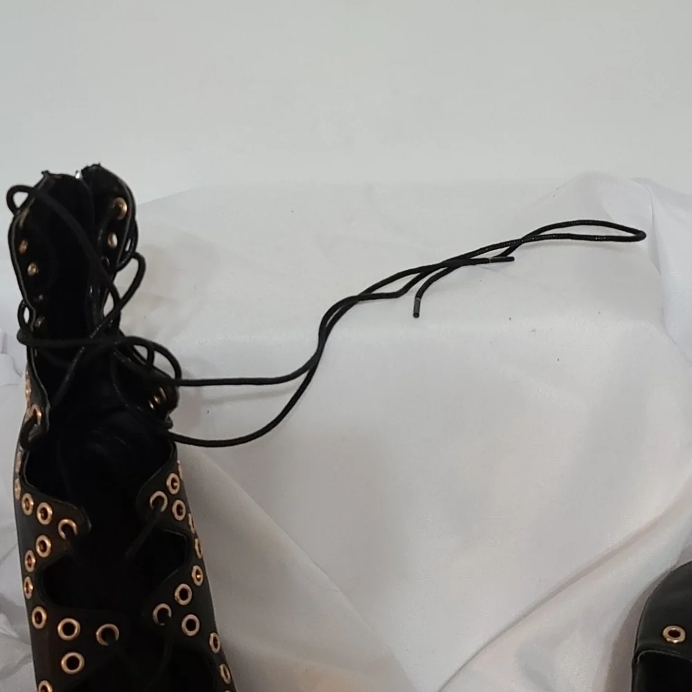 Charlotte Russe Shoes Lace-up Stilettos Peep Toe Black‎ Goldtone Eyelets Sz 9